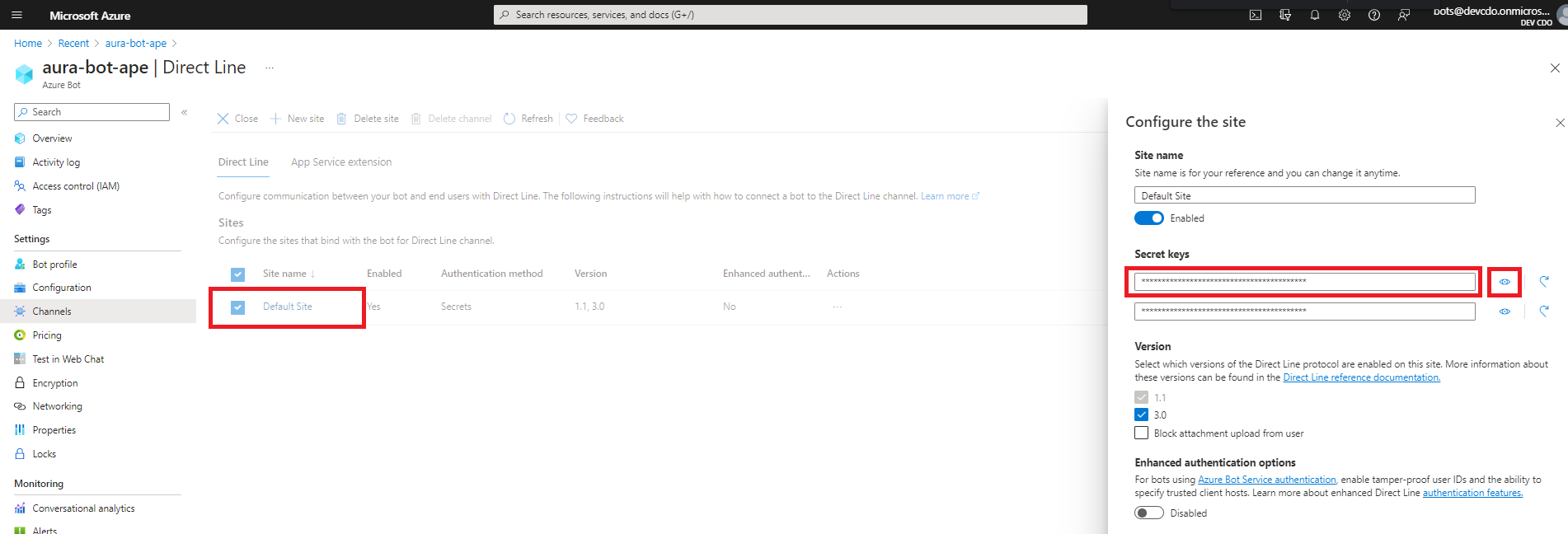 Directline channel configuration secret keys