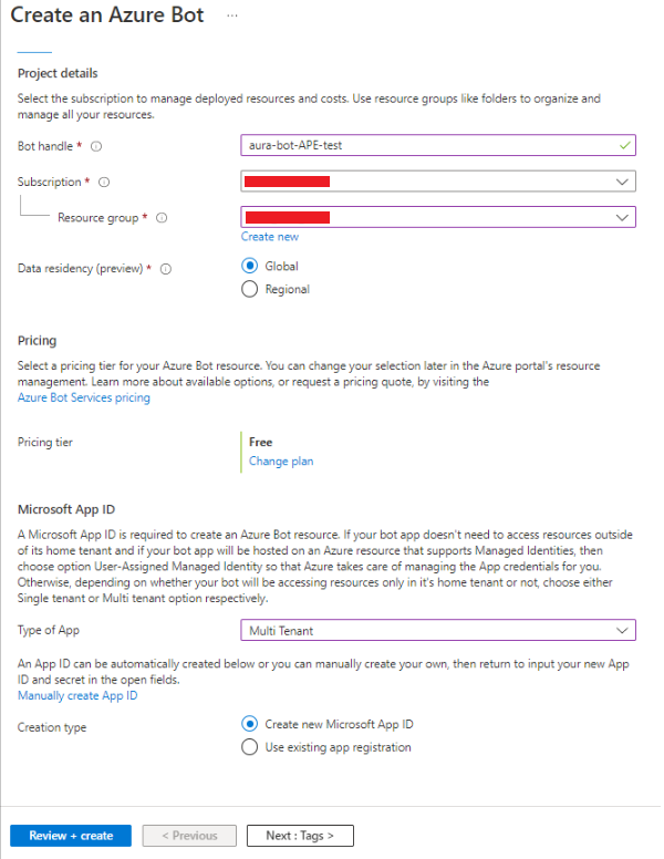 Fields for creating an Azure Bot
